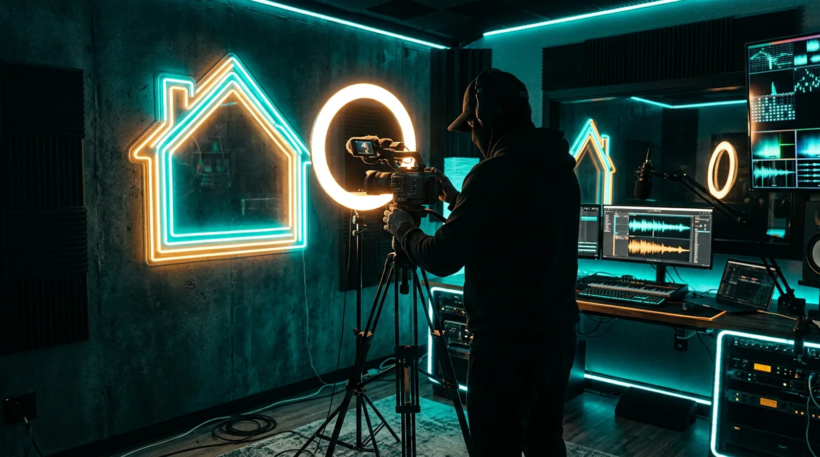 Inside a Nervehaus creator studio: a neon house sign glowing teal and amber on the wall, ring light, camera on tripod, and an editing desk with audio waveforms on screen